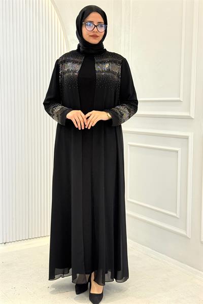 Işıltılı Taş Detaylı Pelerinli Tesettür Abiye Siyah OTW549