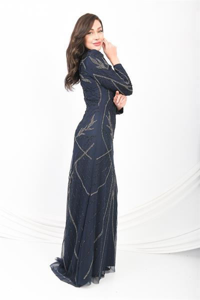 İşlemeli Abiye Elbise Lacivert OTW3106