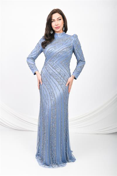 İşlemeli Abiye Elbise Mavi OTW5102