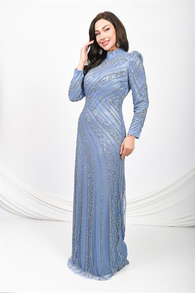 İşlemeli Abiye Elbise Mavi OTW5102