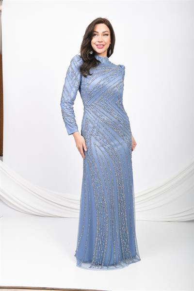 İşlemeli Abiye Elbise Mavi OTW5102