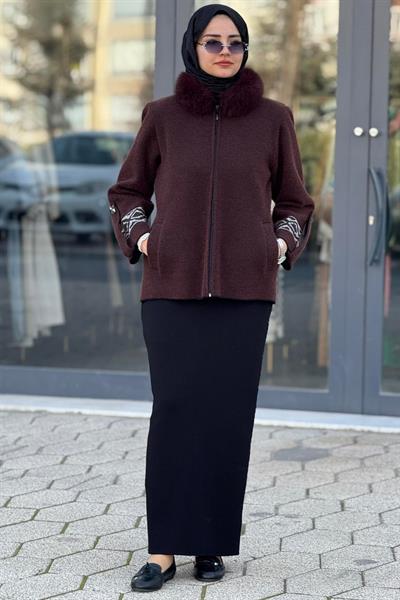 İşlemeli Kol Angora Büyük Beden Ceket Kahve OTW5436