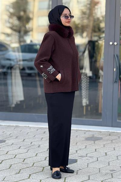 İşlemeli Kol Angora Büyük Beden Ceket Kahve OTW5436