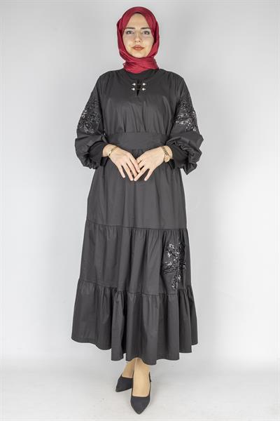 İşlemeli Kol Detaylı Kemerli Büyük Beden Elbise Siyah OTW2331
