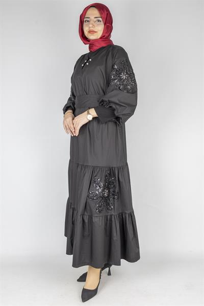 İşlemeli Kol Detaylı Kemerli Büyük Beden Elbise Siyah OTW2331