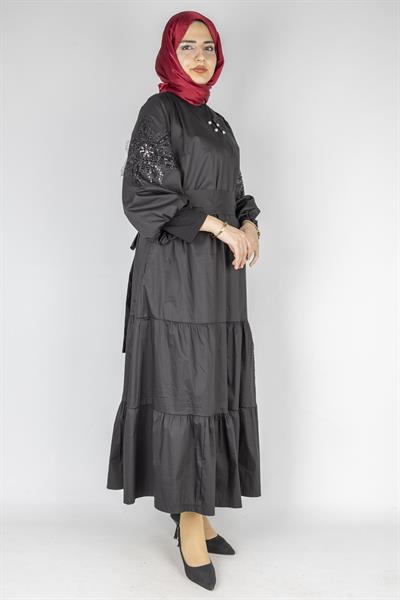 İşlemeli Kol Detaylı Kemerli Büyük Beden Elbise Siyah OTW2331