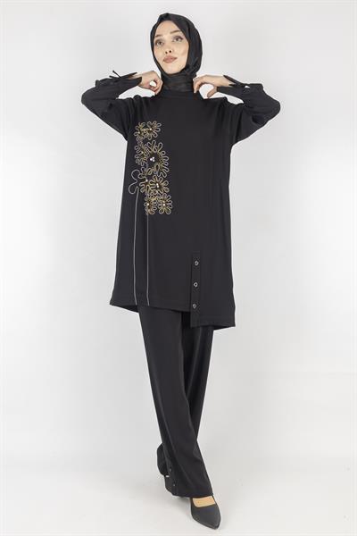 İşlemeli Pantolonlu Takım Siyah OTW1006
