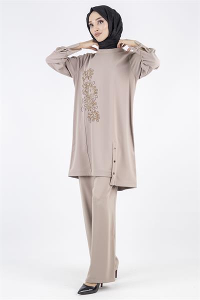 İşlemeli Pantolonlu Takım Vizon OTW1006