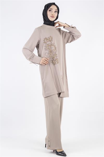 İşlemeli Pantolonlu Takım Vizon OTW1006