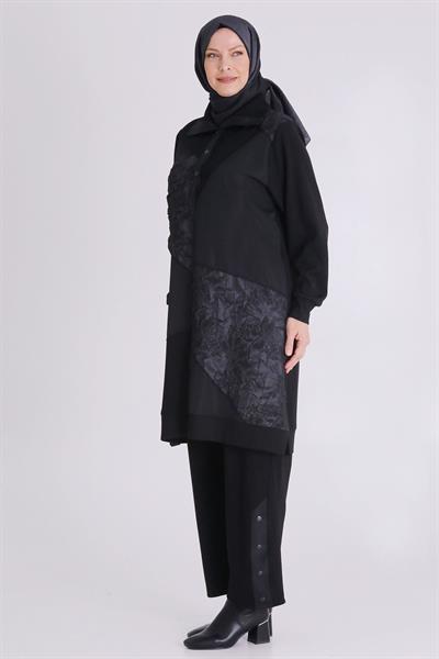 Jakar ve Saten Parçalı Pantolonlu Takım Siyah-Füme OTW35136