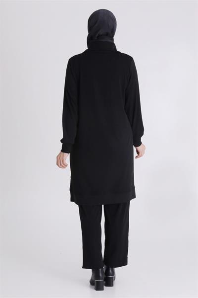 Jakar ve Saten Parçalı Pantolonlu Takım Siyah-Füme OTW35136