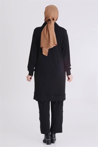 Jakar ve Saten Parçalı Pantolonlu Takım Siyah-Bakır OTW35136