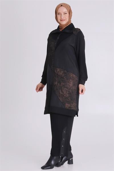 Jakar ve Saten Parçalı Pantolonlu Takım Siyah-Bakır OTW35136