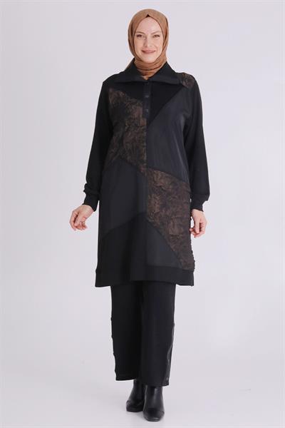Jakar ve Saten Parçalı Pantolonlu Takım Siyah-Bakır OTW35136