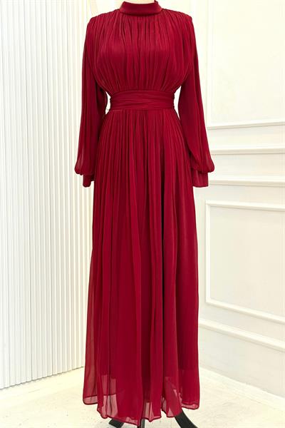 Janjan Piliseli Tesettür Abiye Elbise Kırmızı OTW4564