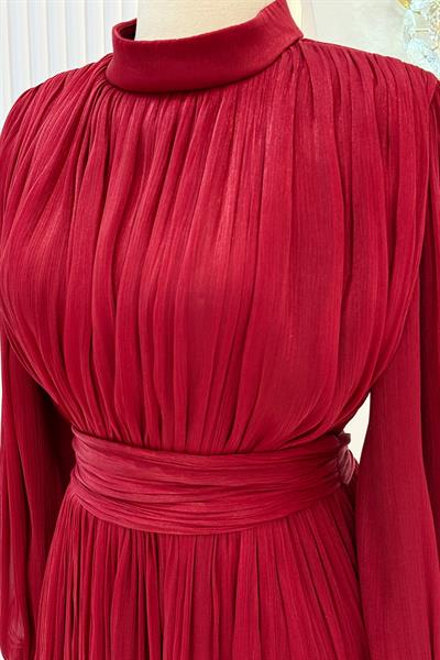 Janjan Piliseli Tesettür Abiye Elbise Kırmızı OTW4564