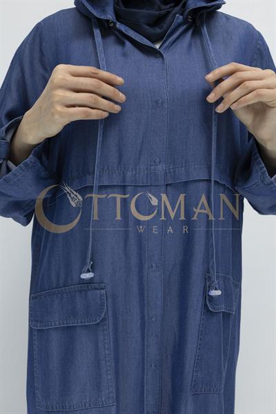 Kapüşonlu Büyük Beden Tesettür Denim Kap Lacivert OTW60391
