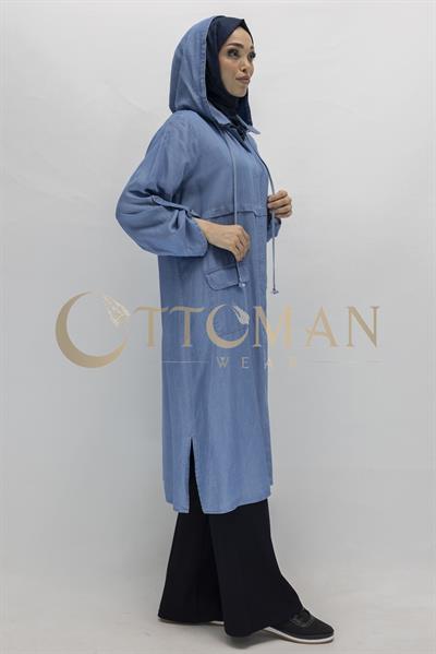 Kapüşonlu Büyük Beden Tesettür Denim Kap Mavi OTW60391