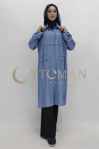 Kapüşonlu Büyük Beden Tesettür Denim Kap Mavi OTW60391