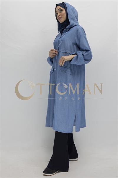 Kapüşonlu Büyük Beden Tesettür Denim Kap Mavi OTW60391