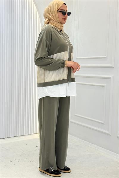 Kapüşonlu Büyük Beden Tesettür Takım Haki OTW505