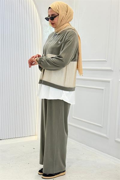 Kapüşonlu Büyük Beden Tesettür Takım Haki OTW505
