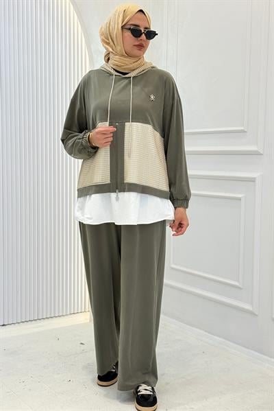 Kapüşonlu Büyük Beden Tesettür Takım Haki OTW505