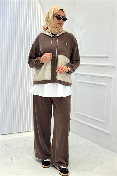 Kapüşonlu Büyük Beden Tesettür Takım Kahve OTW505