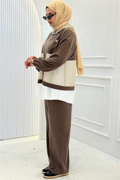 Kapüşonlu Büyük Beden Tesettür Takım Kahve OTW505