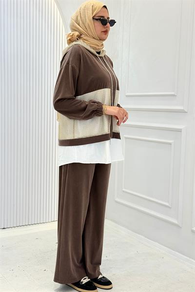 Kapüşonlu Büyük Beden Tesettür Takım Kahve OTW505