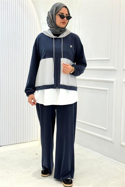 Kapüşonlu Büyük Beden Tesettür Takım Lacivert OTW505