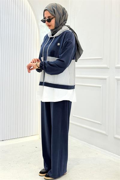 Kapüşonlu Büyük Beden Tesettür Takım Lacivert OTW505