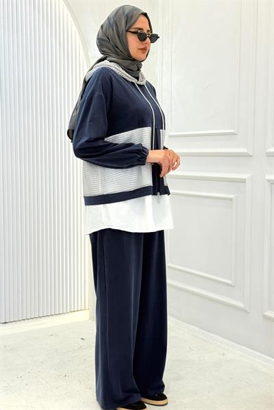 Kapüşonlu Büyük Beden Tesettür Takım Lacivert OTW505