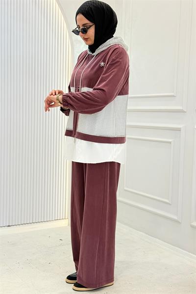 Kapüşonlu Büyük Beden Tesettür Takım Mürdüm OTW505