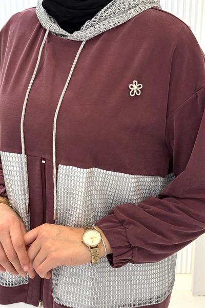 Kapüşonlu Büyük Beden Tesettür Takım Mürdüm OTW505