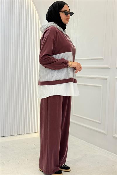 Kapüşonlu Büyük Beden Tesettür Takım Mürdüm OTW505