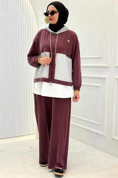 Kapüşonlu Büyük Beden Tesettür Takım Mürdüm OTW505