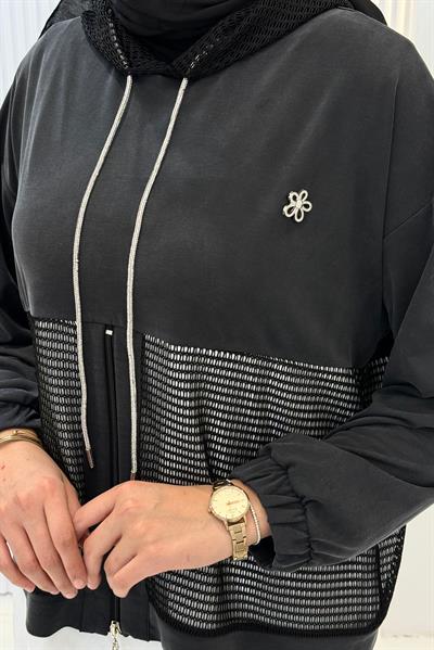 Kapüşonlu Büyük Beden Tesettür Takım Siyah OTW505