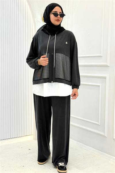 Kapüşonlu Büyük Beden Tesettür Takım Siyah OTW505