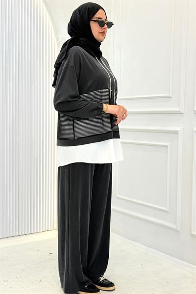 Kapüşonlu Büyük Beden Tesettür Takım Siyah OTW505