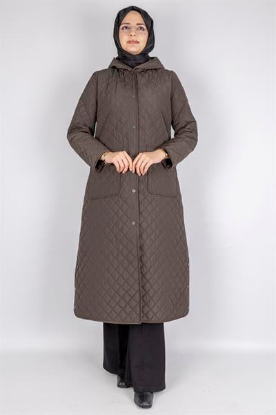 Kapüşonlu Çıtçıtlı Kapitone Tesettür Kap Haki OTW36309