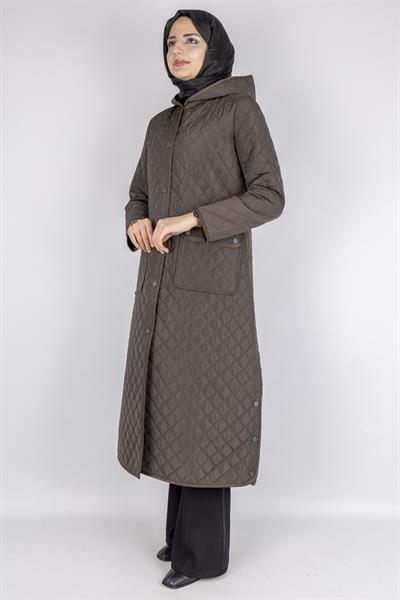 Kapüşonlu Çıtçıtlı Kapitone Tesettür Kap Haki OTW36309