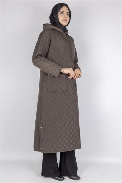 Kapüşonlu Çıtçıtlı Kapitone Tesettür Kap Haki OTW36309