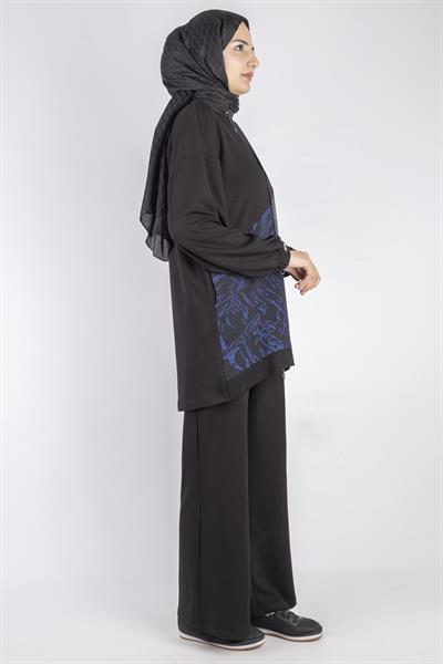 Kapüşonlu Fermuarlı Mavi Desenli Tesettür Eşofman Takım Siyah OTW2377
