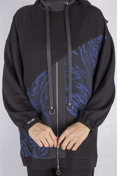 Kapüşonlu Fermuarlı Mavi Desenli Tesettür Eşofman Takım Siyah OTW2377