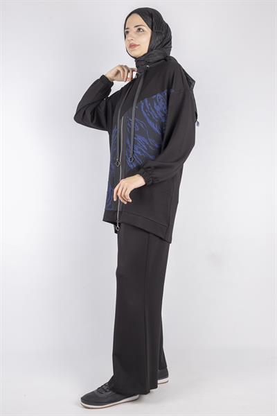 Kapüşonlu Fermuarlı Mavi Desenli Tesettür Eşofman Takım Siyah OTW2377