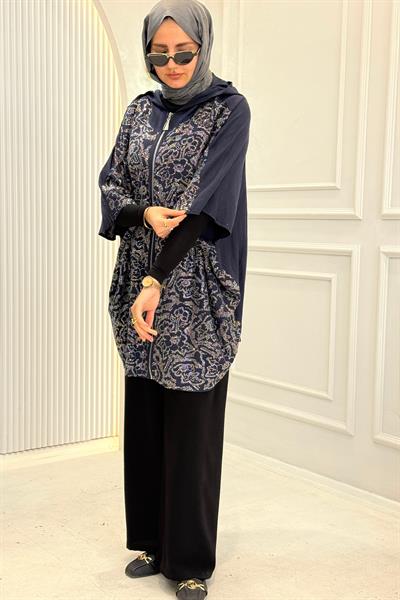 Kapüşonlu Taş İşlemeli Büyük Beden Desenli Panço Kap Lacivert OTW9603