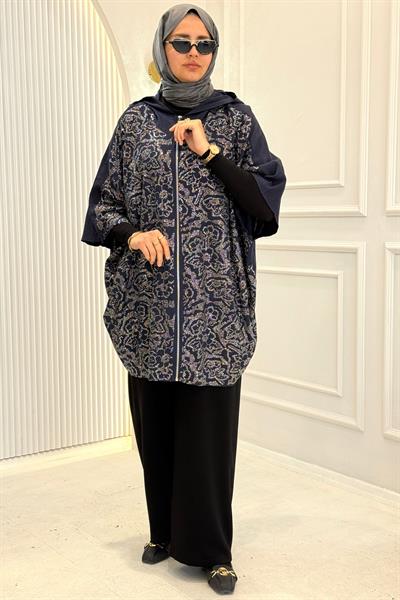 Kapüşonlu Taş İşlemeli Büyük Beden Desenli Panço Kap Lacivert OTW9603