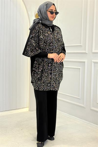 Kapüşonlu Taş İşlemeli Büyük Beden Desenli Panço Kap Siyah OTW9603