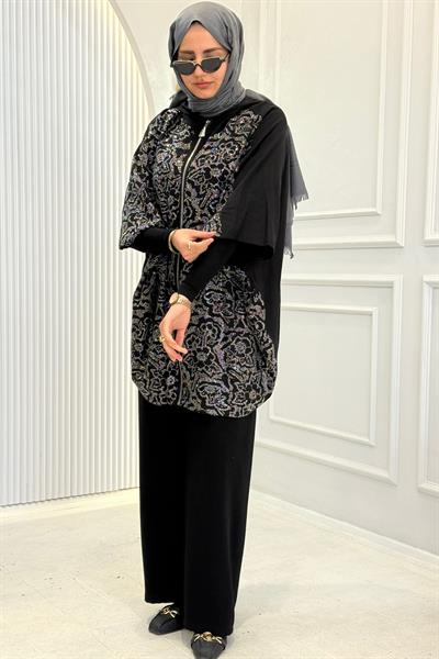 Kapüşonlu Taş İşlemeli Büyük Beden Desenli Panço Kap Siyah OTW9603